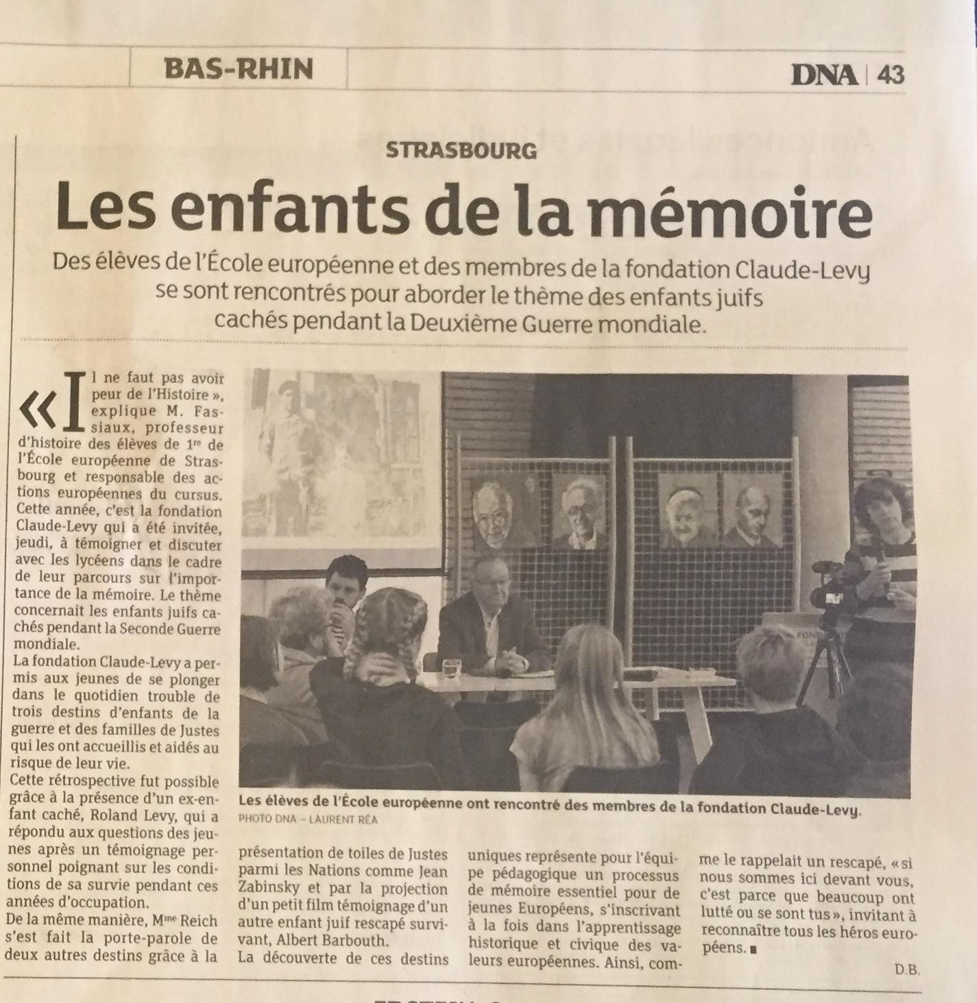 2018. Intervention scolaire avec la Fondation Claude levy, enfant juif caché, à l'Ecole Européenne de Strasbourg